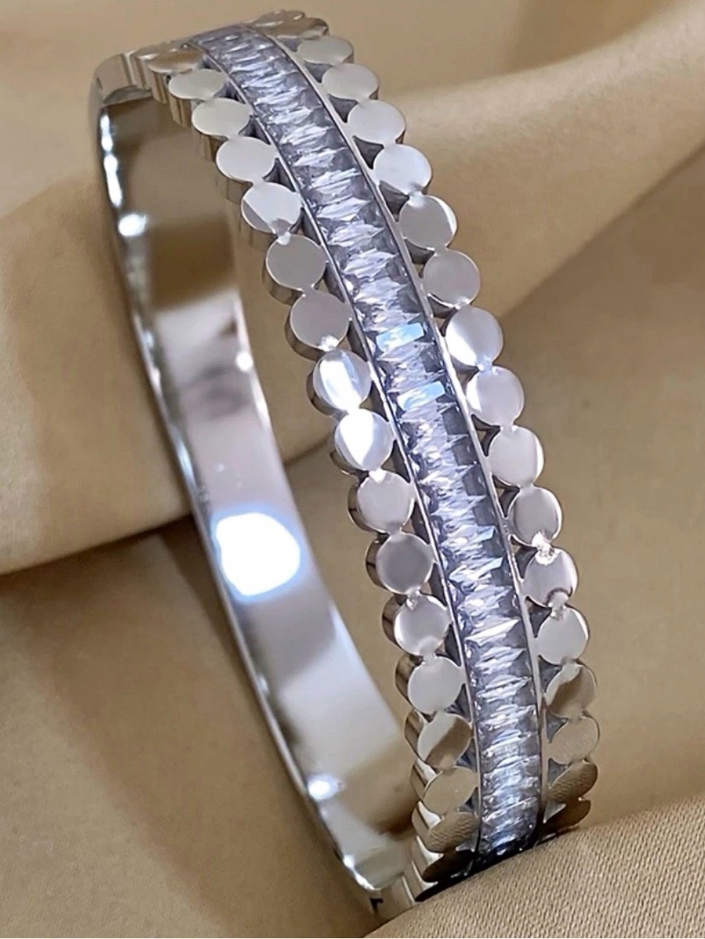 Silver Crystal-Accent Womens Bangle Bracelet
